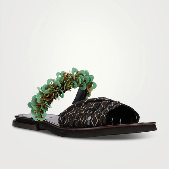 Dries Van Noten Shoes - Woven Dual Band Lace Embellished Sandals in Teal & Dark Brown size 37 Brand New